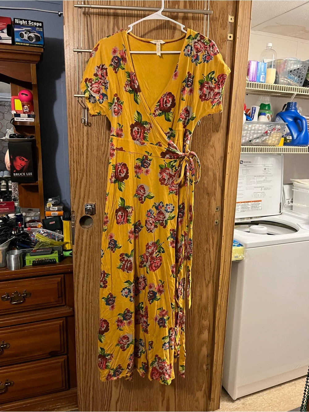 Matilda Jane Mustard Floral Wrap Maxi Dress with Pink & Green Accents